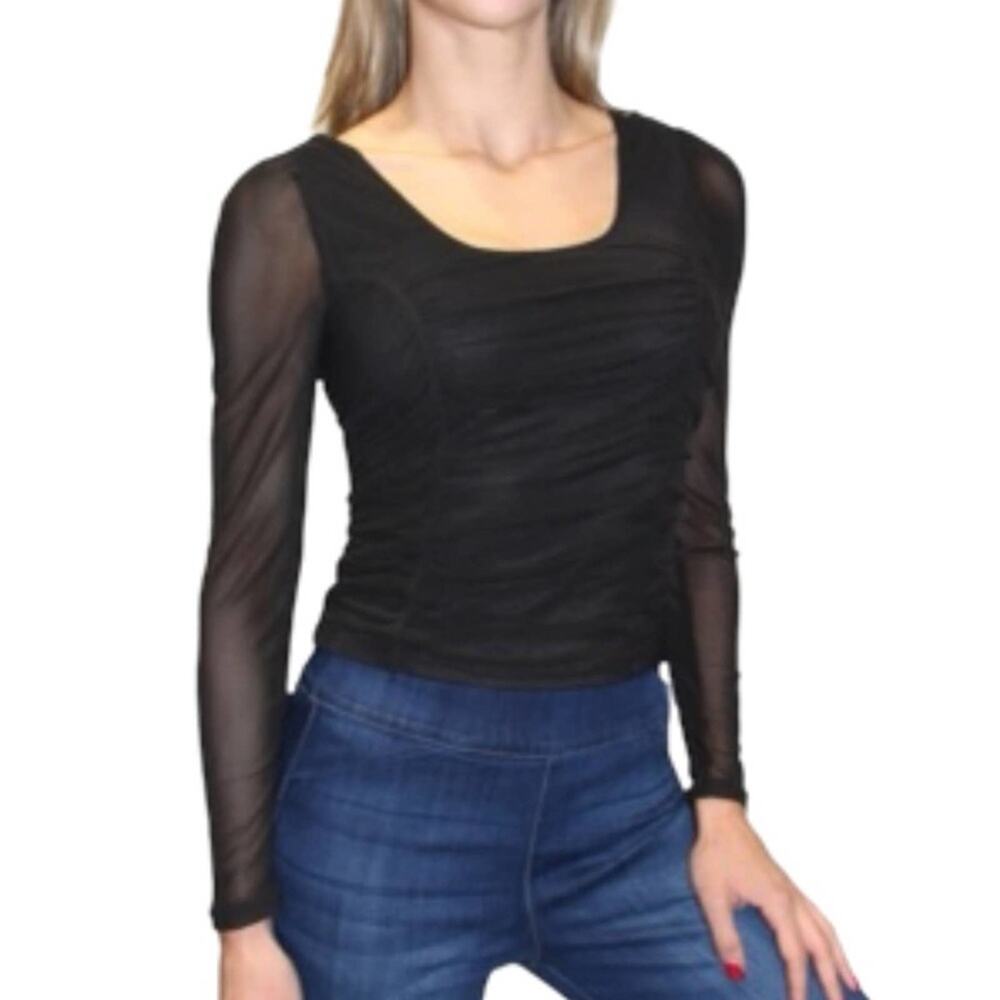 Crave Fame Ruched Mesh Puff-Sleeve Top